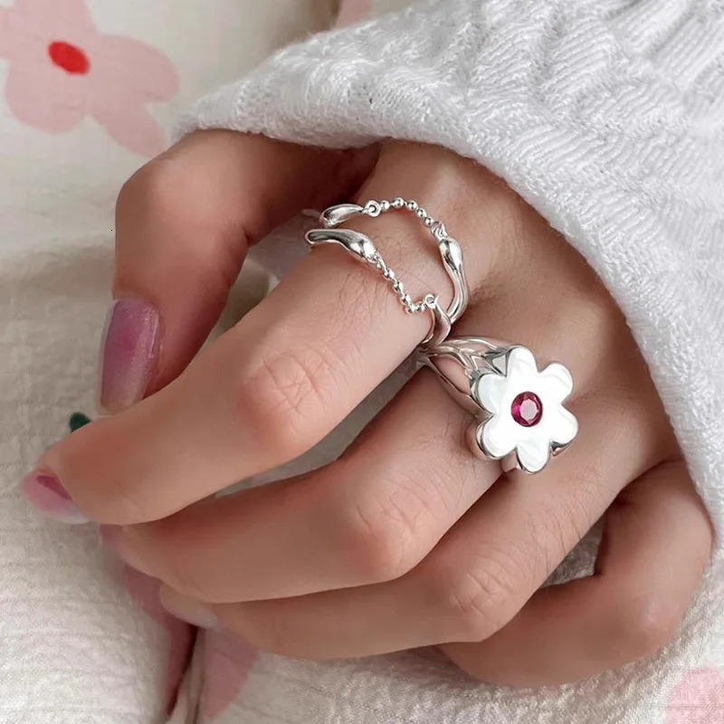 Minimalist Silver Color Flower Open Rings for Women Couples Fashion Metal Double Layer Chain Tassel Geometric Ring Jewelry 250716