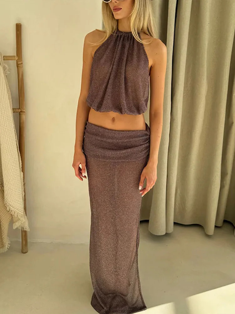 Womens Casual TwoPiece Set Fashion Round Neck Lace Up Sleeveless Crop Tops Pleated Long Skirt Summer Solid Lady Suit 250717