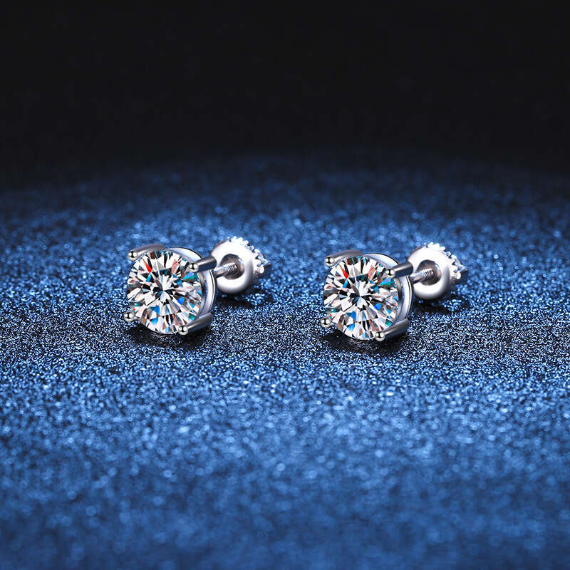 Threaded Unisex Classic Four-Prong D Color S Pure Sier Moissanite Earrings b9c