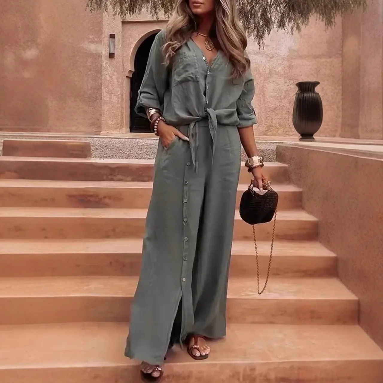 2025 Fashion Casual Irregular Two-piece Sets Loose Short-sleeved Mid-sleeve Shirt Blouse Button-down Wide-leg Pants Suits 250715