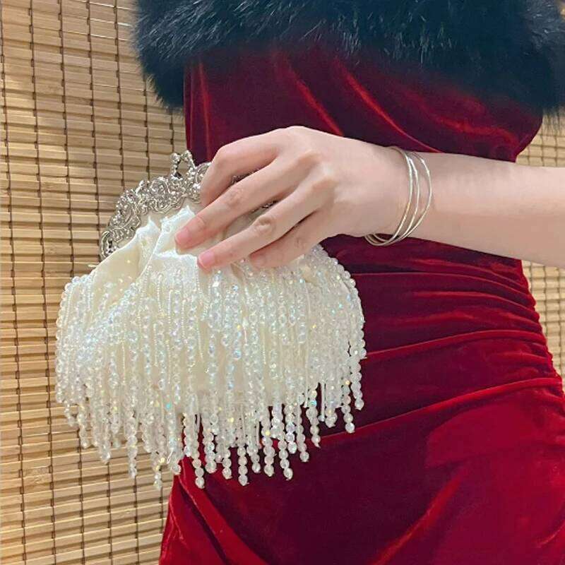 Beaded Tassel Women's Fashion Cheongsam Clip Pearl Chain Satin Handbag High-Quality Crossbody Bag