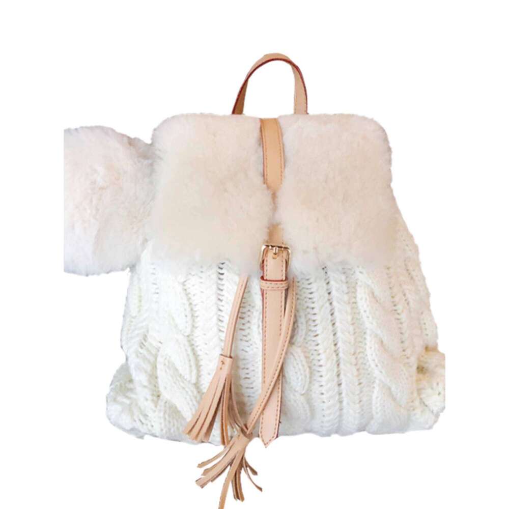 Wool For Women Autumn Winter New Tassel Drawstring Small Backpack Knitted Yarn Fluffy School Bag