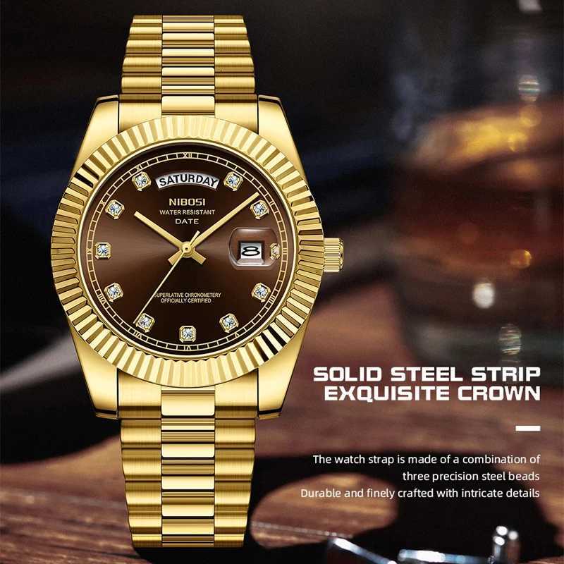 NIBOSI Luxury Gold Quartz Watch Men Stainless Steel Waterproof Luminous Date Week Fashion Diamond Mens Watches Relogio Masculino W250718