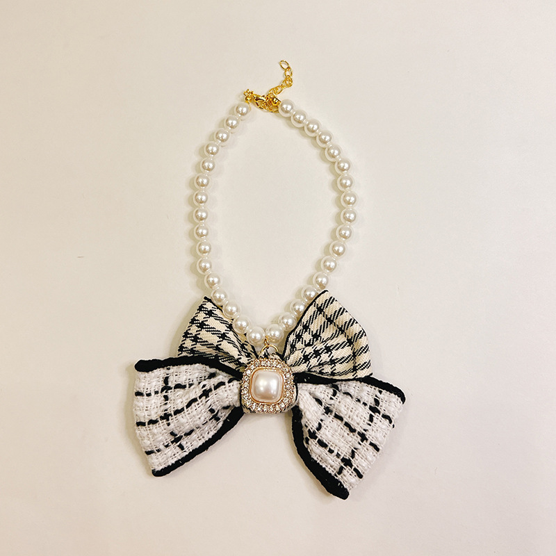 Designer Harness French Bow Pet Collar, High-end Cat Pearl Necklace Accessory, Little Dog Neck Collar and Necklace