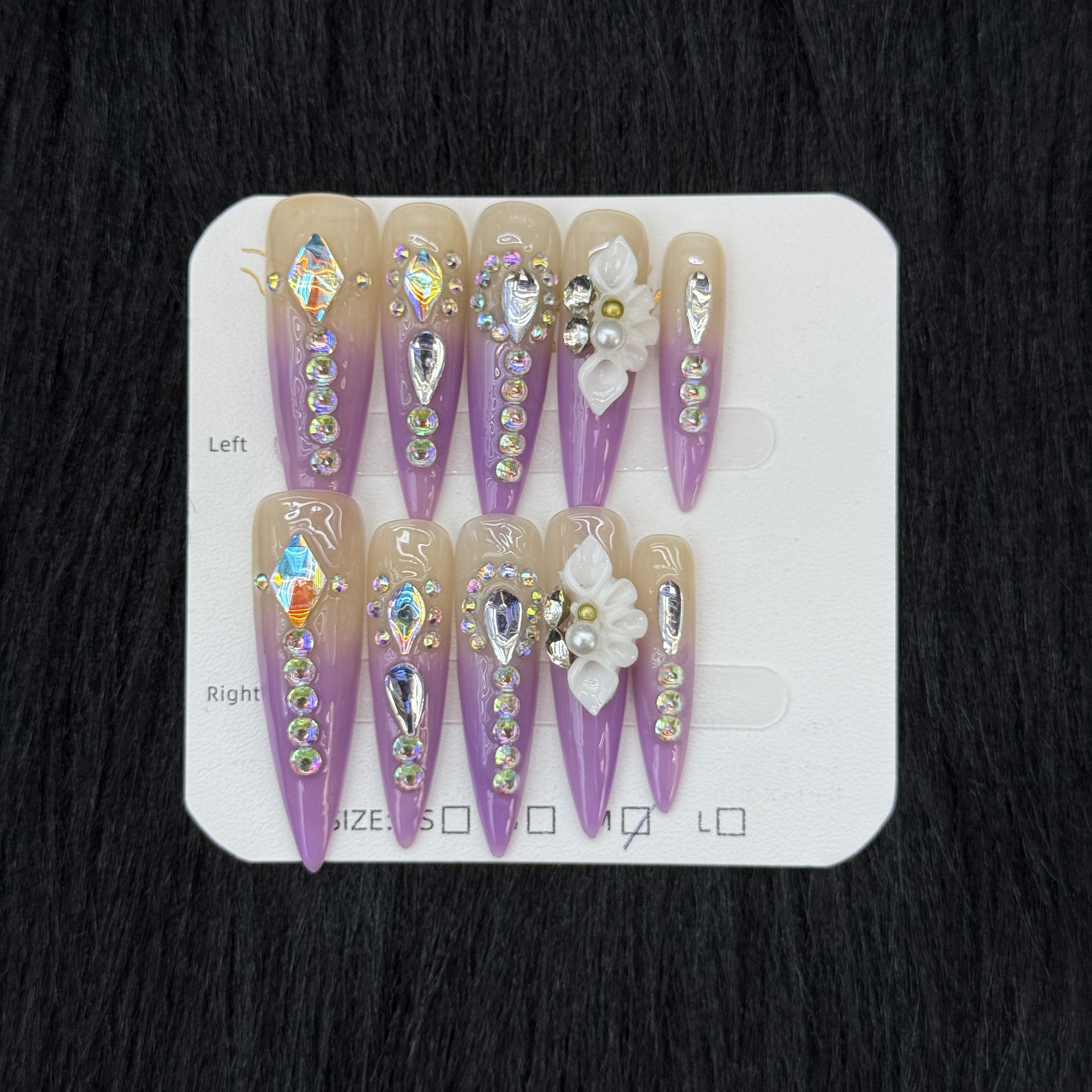 10Pcs Luxury Purple Rhinestone Press-On Nails - Elegant Floral Manicure Set