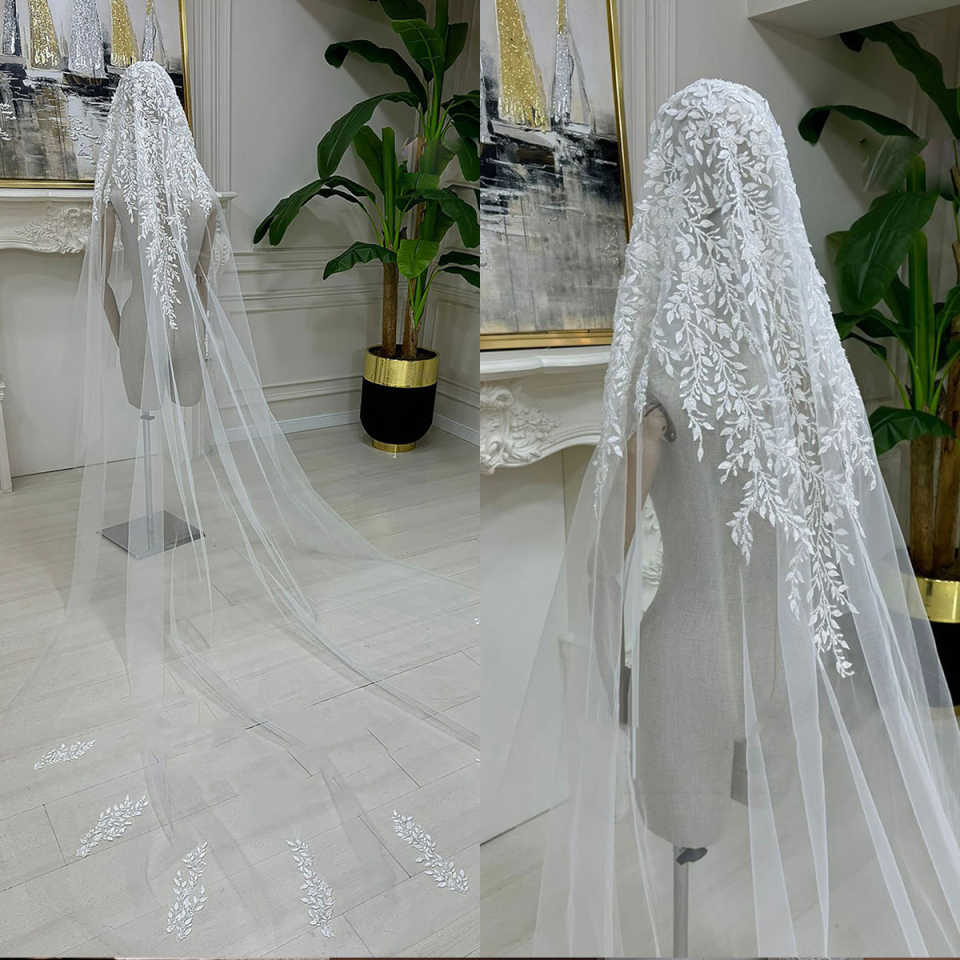 Luxurious Bridal Veils White Ivory Cathedral One Layer Woman Veil With Lace Applique Bride Accessories