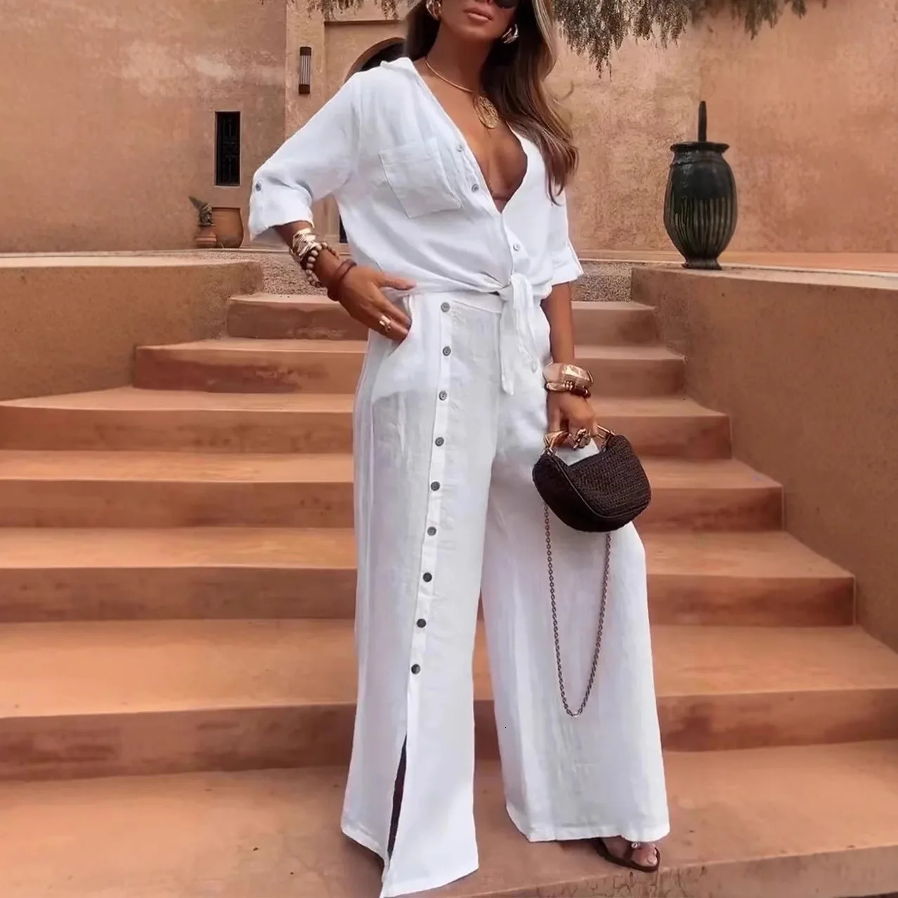 2025 Fashion Casual Irregular Two-piece Sets Loose Short-sleeved Mid-sleeve Shirt Blouse Button-down Wide-leg Pants Suits 250715