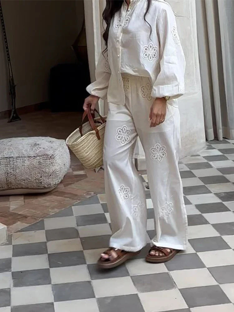 Womens Hollow Out Shirts Trouser Suits Long Sleeve O-Neck Solid Lady Sets 2025 Summer Fashion 2 Pieces Set Women Outfits 250715