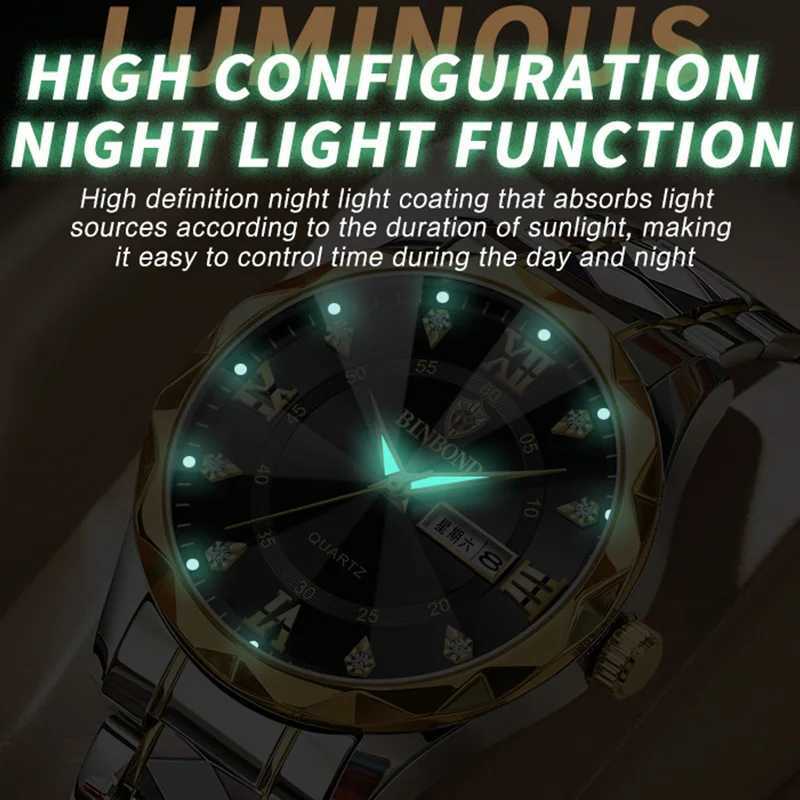 BINBOND Men Watch Stainless Steel Top Quality Luxury Push Button Hidden Clasp Waterproof Luminous Date Week Sport Wrist Watches W250718