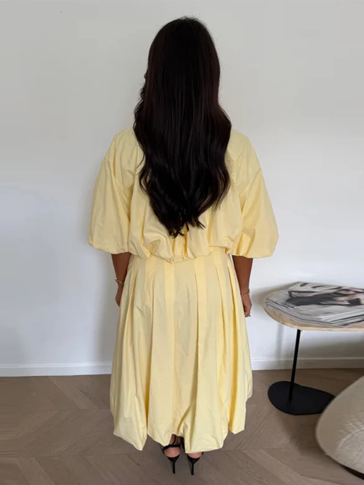 Summer Womens Yellow Lapel Half Sleeve Zipper Short Jacket Pleated Skirt Sets Casual Puff Midi Matching Lady Suits 250717