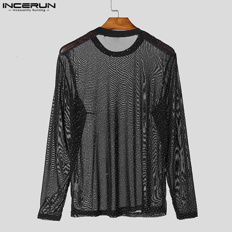 Fashion Casual Style Tops INCERUN Men Sparkling Fabric Slightly Perspective T-shirt Sexy Male Long Sleeved Camiseta S-5XL 250714