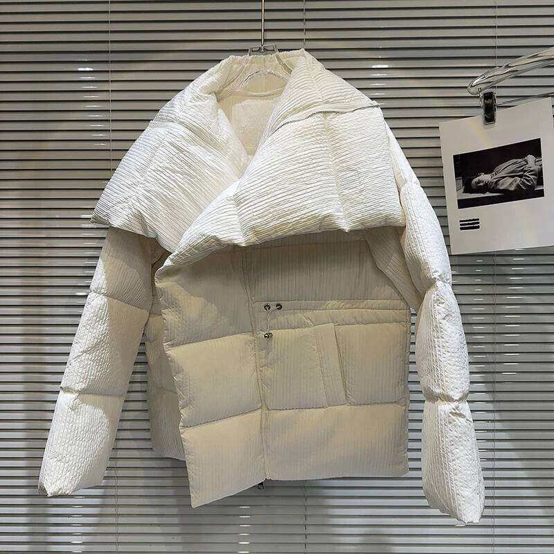 Winter Big Turn Collar Long Drawstring Striped Thick Knee Length Overcoat Warm White Duck Down Jacket Women MDNG