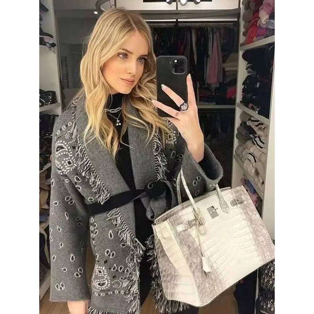 Designer Clothing Boho Inspired Women's Elegant Belt Cashmere Women High Quality Wool Tassels Jacquard Grey Knit Cardigan Long Oversized Fashion