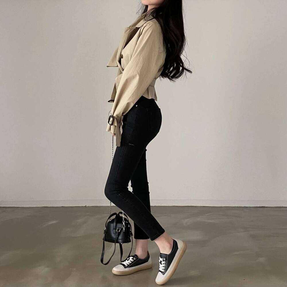 2colors Korean Women Autumn Trench Coats Short Jacket Casual Female Lace Up Coat Tops womens (hf1903)