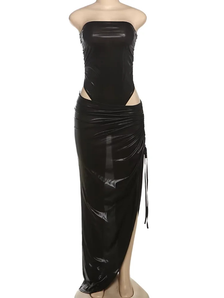 2 Piece Set Summer Strapless Skinny BodysuitsShirring Irregular Maxi Skirts for Women Sexy Solid Cute Clubwear 250717