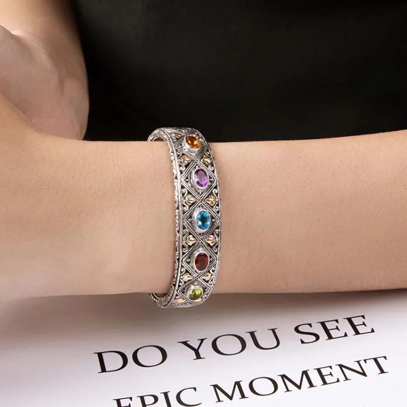 925 Silver Inlaid Colored Gemstone Bracelet Fashionable Wedding Fine Couple Bangles Jewelry Gift for Girlfriend 250715
