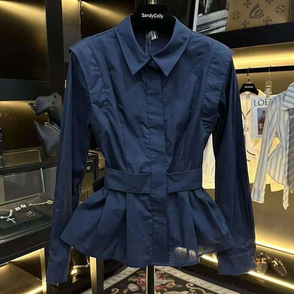 French Design Splicing Pleated Lapel Blue Shirt for Women Autumn New Waist Femmale Top Long Sleeves Blouses