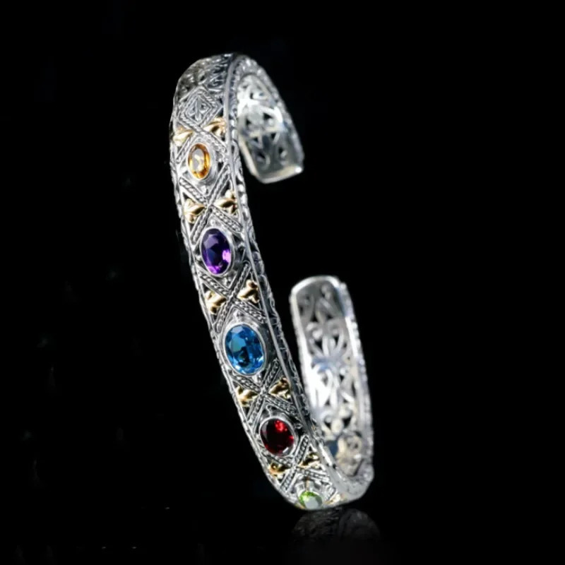 925 Silver Inlaid Colored Gemstone Bracelet Fashionable Wedding Fine Couple Bangles Jewelry Gift for Girlfriend 250715