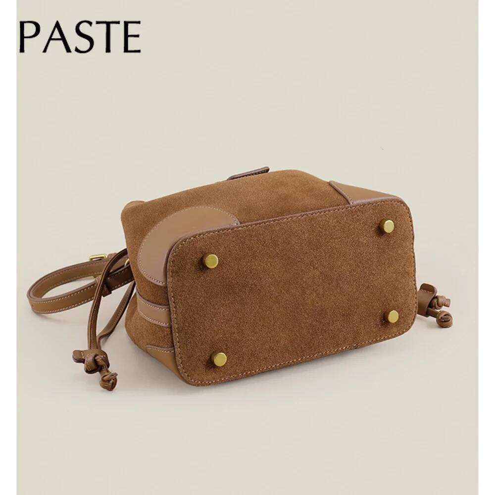 Retro Stylish String Close Gift Pouch Marroon Coffee Color Small Bucket Tote Matte Suede Leather Women Crossbody Shoulder Bag
