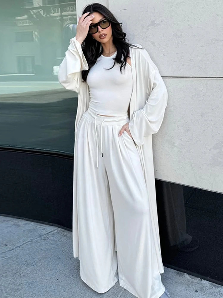 Womens 3 Piece Set Casual Top Oversize Full Sleeve Long Cardigan Wide Leg Trousers Suit Lady Summer Female Beach Outfits 250714
