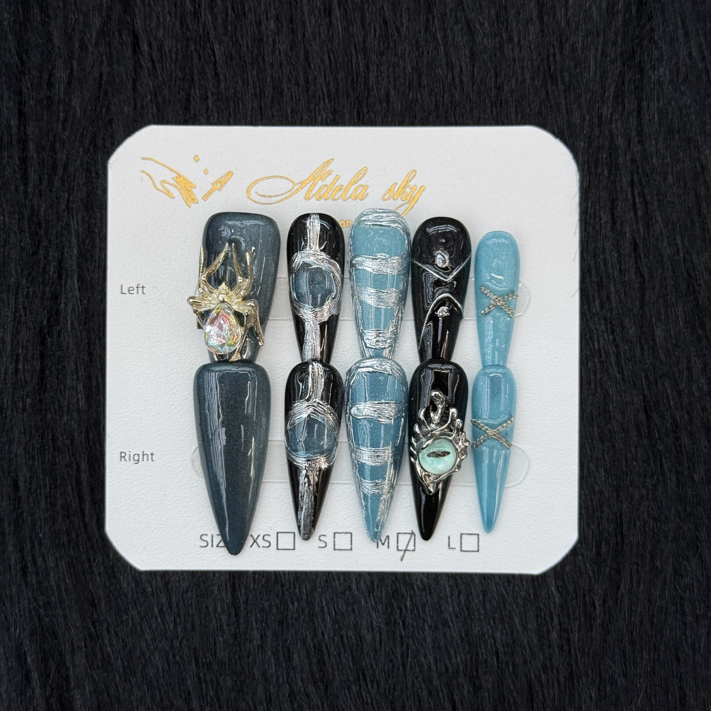 10Pcs Gothic Spider Eye Press-On Nails - Blue & Black Punk Manicure Set