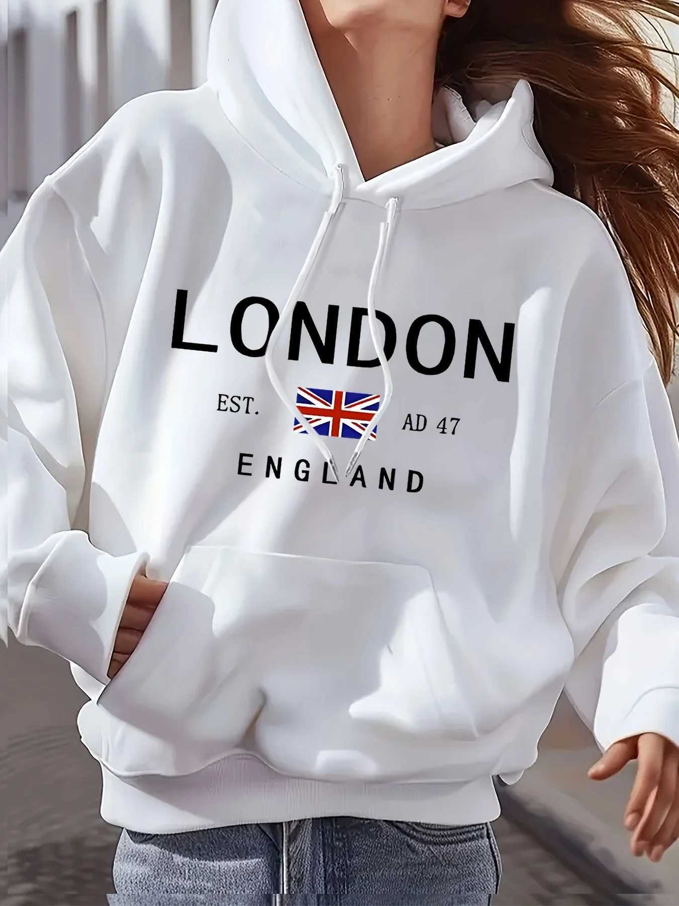 Womens autumn and winter fashion casual sports loose London print fleece warm long sleeved pocket hooded sweatshirt Z250719