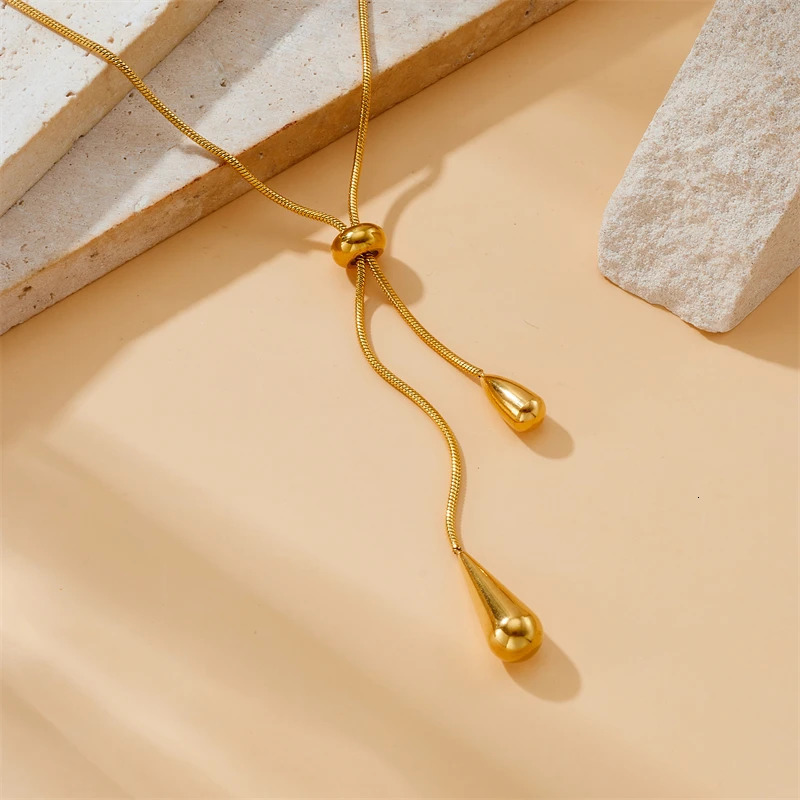 DIEYURO 316L Stainless Steel Adjustable Water Droplet Tassels Necklace Earring Golden Fashion Jewelry Set Party Gifts 250715