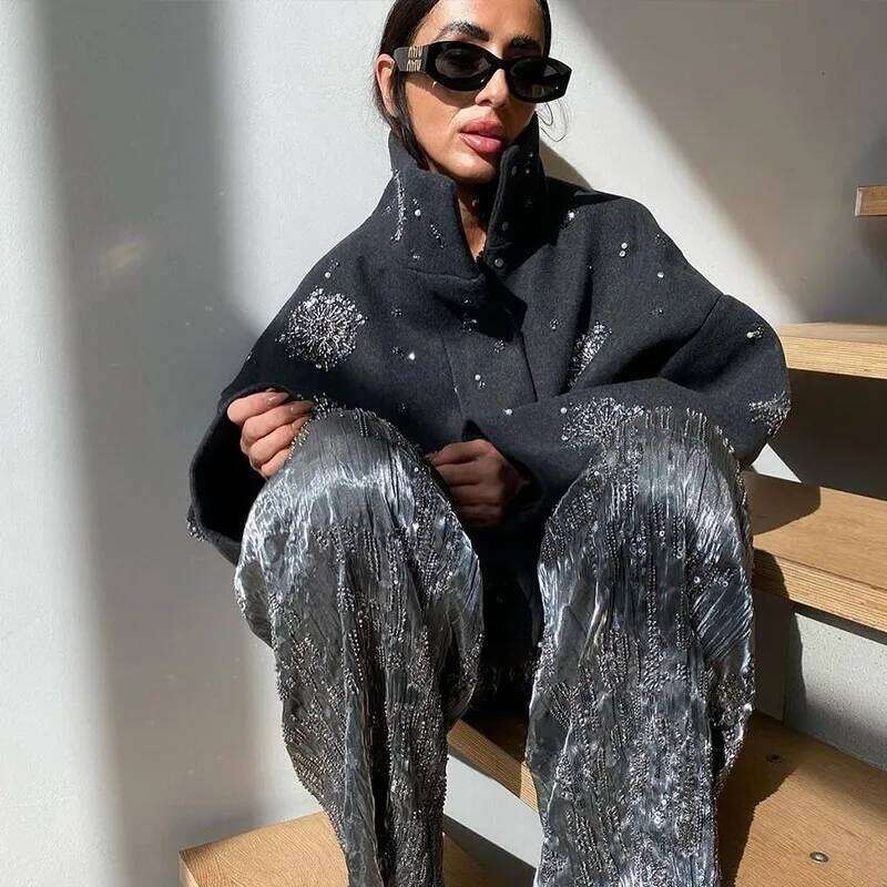 Casual Embroidery Beading Loose Women Coat Lapel Collar Bat Sleeve Solid Wool Blend Jacket New Lady Spring Outerwear