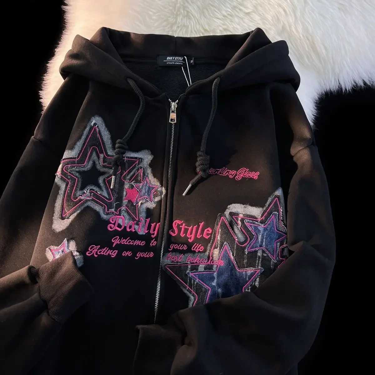 Aesthetic Star Print Cardigan Zip Up Sweatshirt Men Women Autumn Winter Loose Tide Brand Couple Hooded Zip Jacket Harajuku Y2k Z250719