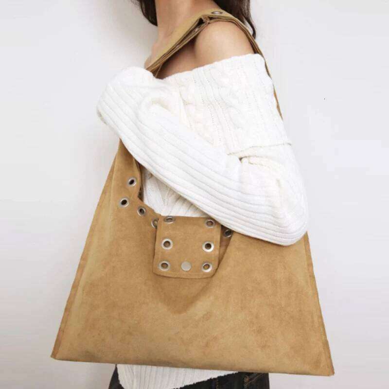 Retro Rivet Shoulder Armpit Fashion Motorcycle Suede Large Capacity Tote Bag