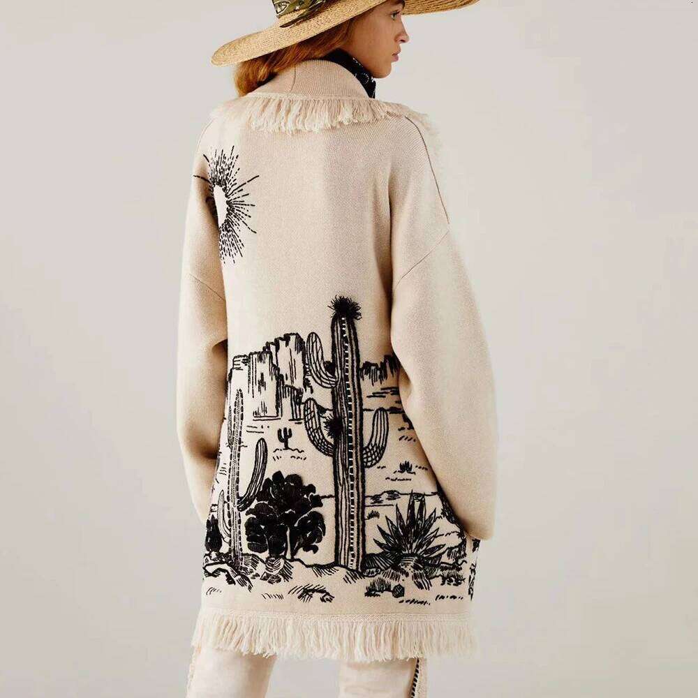 Designer Clothing Luxyonuo Women's Wool Blend Sweater Fashion Tassel Doodle Jacquard Knitted Coat High Quality Loose Full Sleeve Knit Cardigan Ne