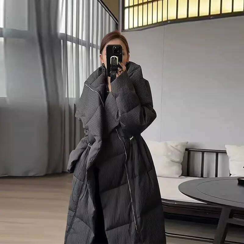 Winter Big Turn Collar Long Drawstring Striped Thick Knee Length Overcoat Warm White Duck Down Jacket Women MDNG