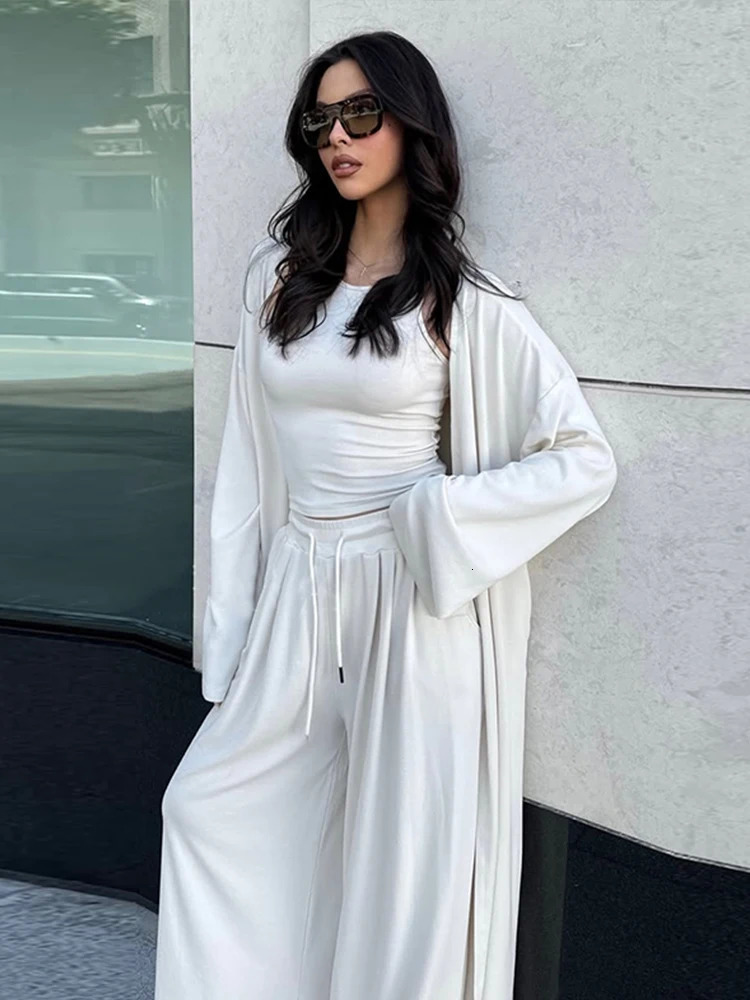 Womens 3 Piece Set Casual Top Oversize Full Sleeve Long Cardigan Wide Leg Trousers Suit Lady Summer Female Beach Outfits 250714