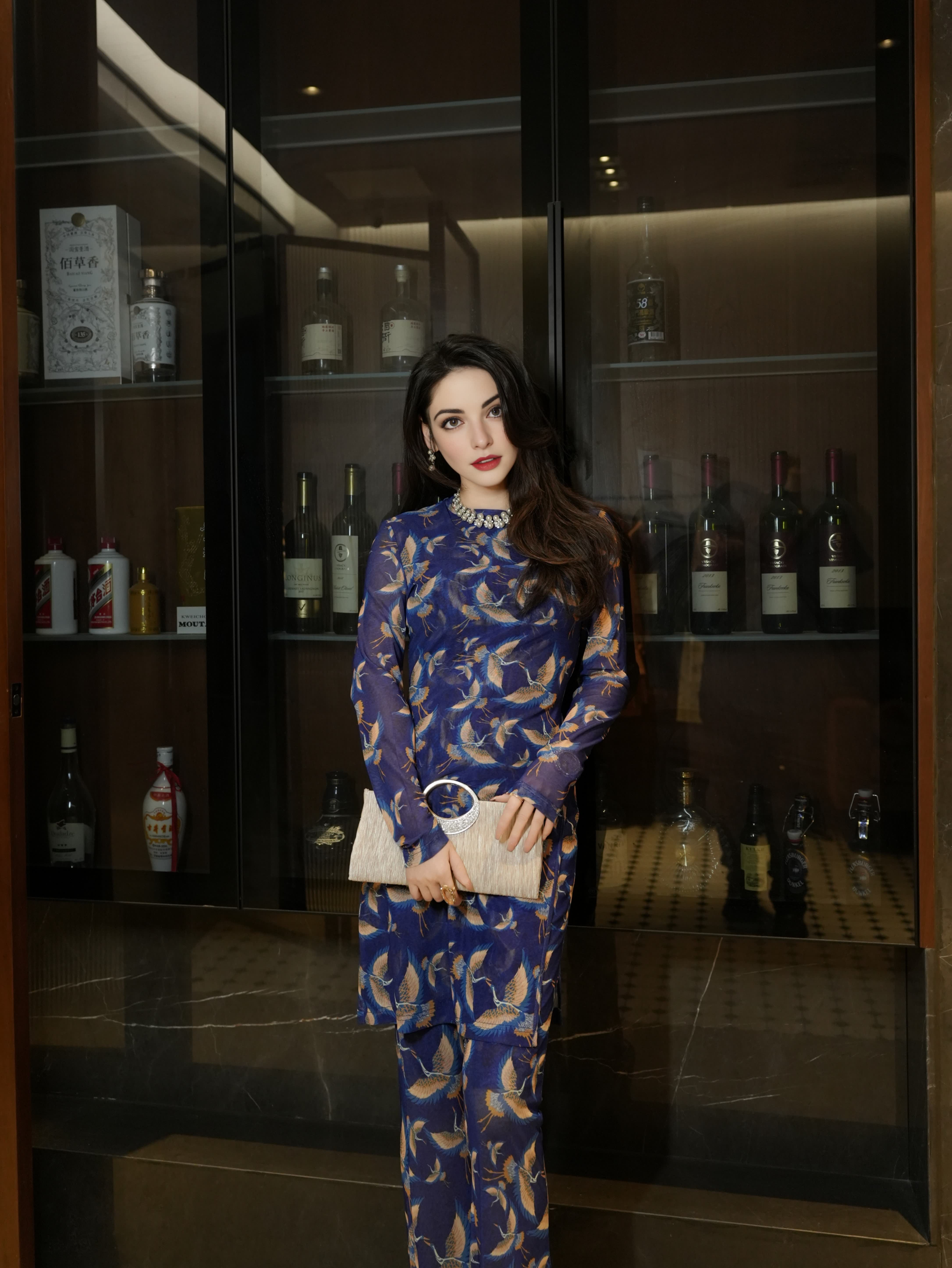 New original luxury designer blue red crowned crane set pants slimming highend summer fashion dress in party birthday activities daily be gift for mom