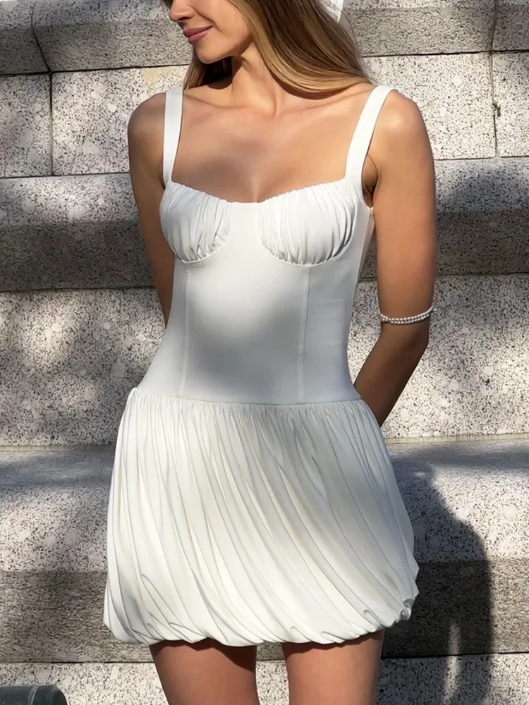 Absobe Womens Spaghetti Strap Puffy Mini Dress Backless V-neck Solid Slim Pleated Bud A-Line Short Dress Birthday Partywear 250715