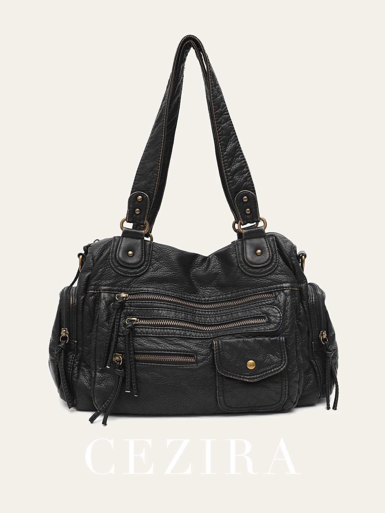 Vintage Wen Unisex B-off Color Wed PU Vegan Leather Zip Pockets Shoulder Crossbody Bag Large Casual Daily Travel Y250718