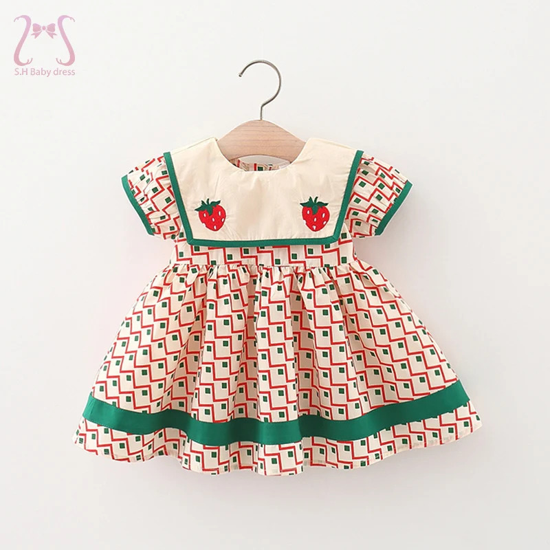Summer Childrens Clothes Simple Plaid Baby Girls Dresses Short Sleeve Kids Fashion Navy Collar 0 To 3 Years Old Toddler Costume 250715