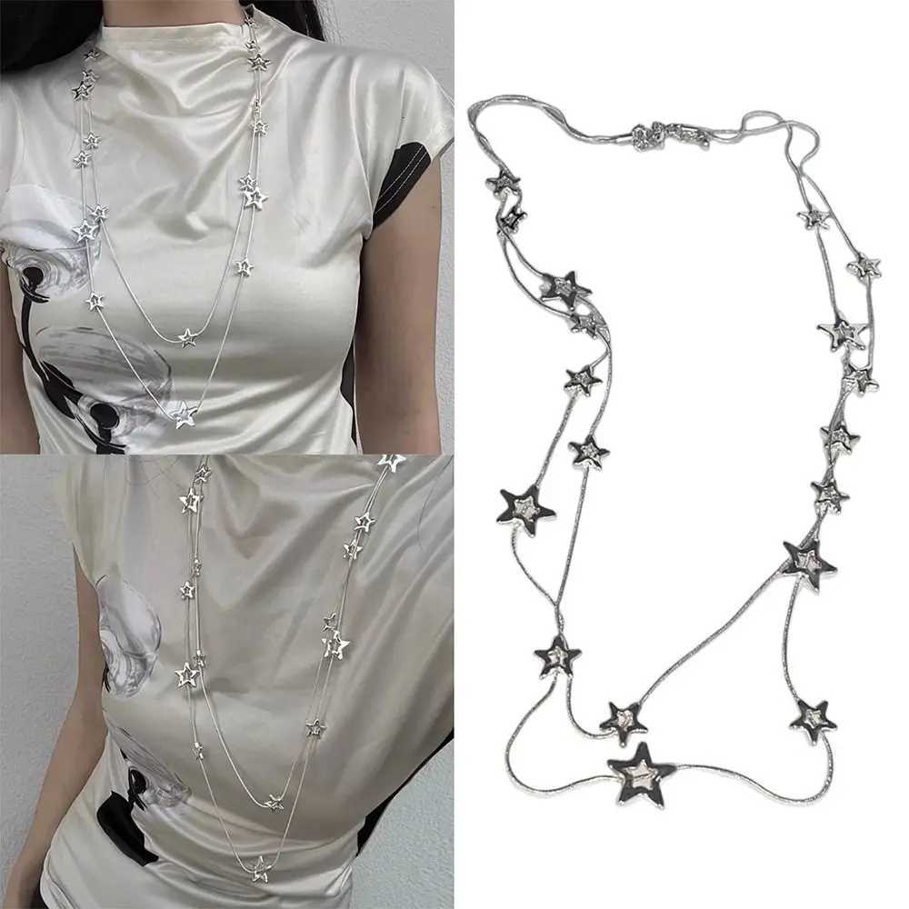 New Alloy Pentag Star Pendant Silver Color Punk Long Chain Necklace Doub Layer Y2K Sty Choker W250718