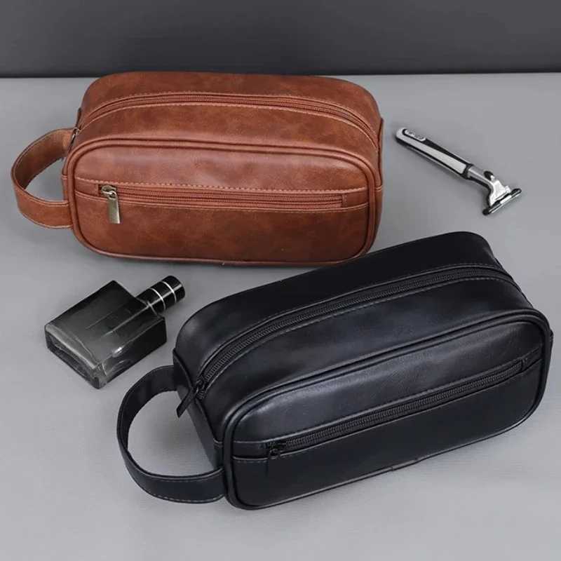 Men Leather Wash Bag Travel Business Trips Portable Cosmetic Bag Large Capacity Multi Pocket Design Handheld Leather Wash Bag S250718