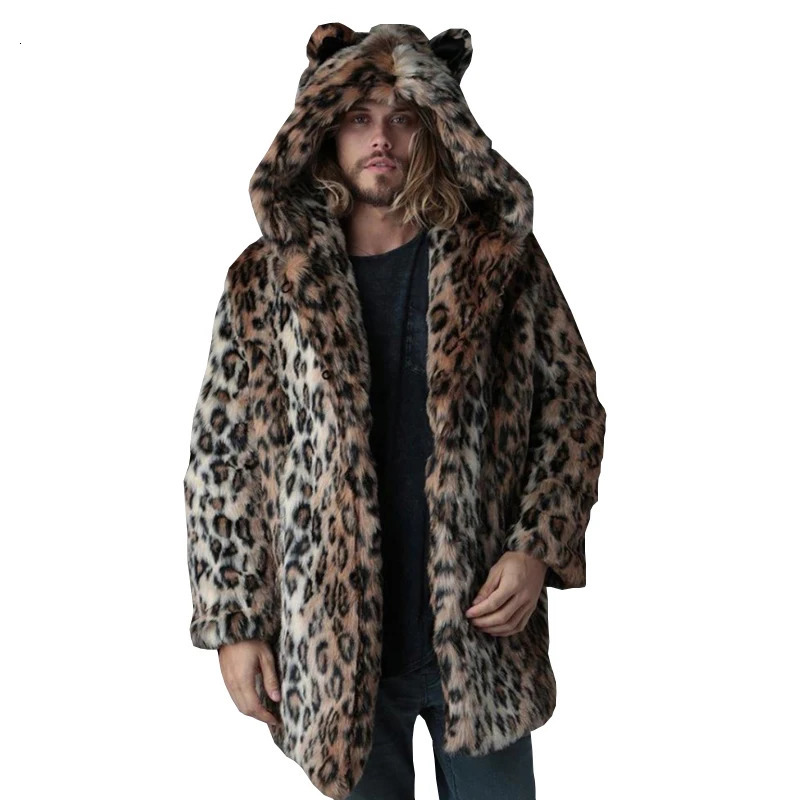 Plus Size Faux Fur Jacket For Men Winter Male Leopard Fur Jacket Long Style Hooded Fur Overcoat Warm Men Fur Outerwear leisure 250715