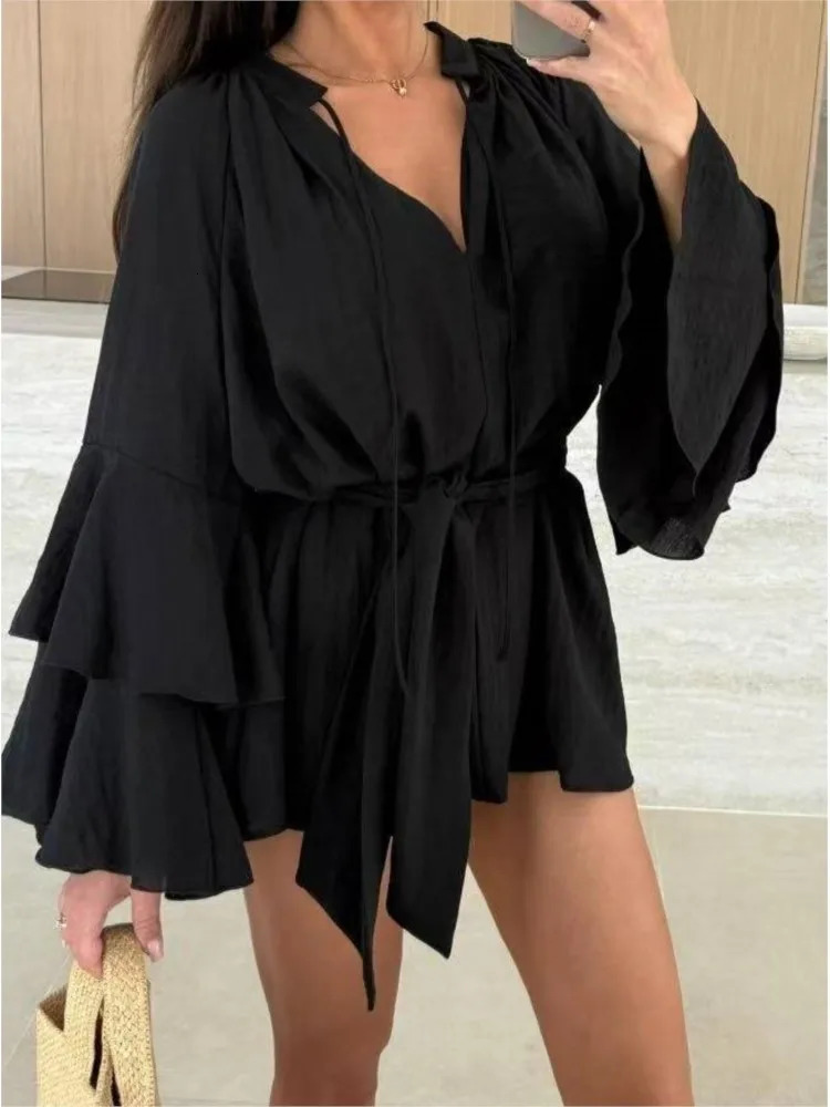 Sweet Flared Sleeves Dresses For Women 2025 Sexy Deep V-neck Fashion Mini Dress Spring Summer Lace Up Solid Dress Robe Femme 250715