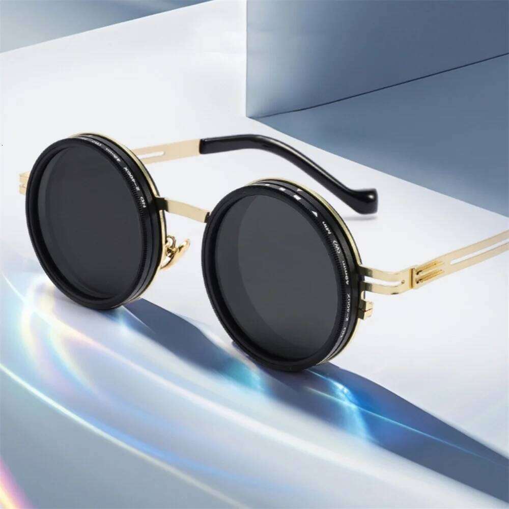 KLASSNUM 9-level Adjustable Dimming Glasses Punk Round Fishing Driving Sunglasses UV-Anti Polarized Men ND Filter Eyewear