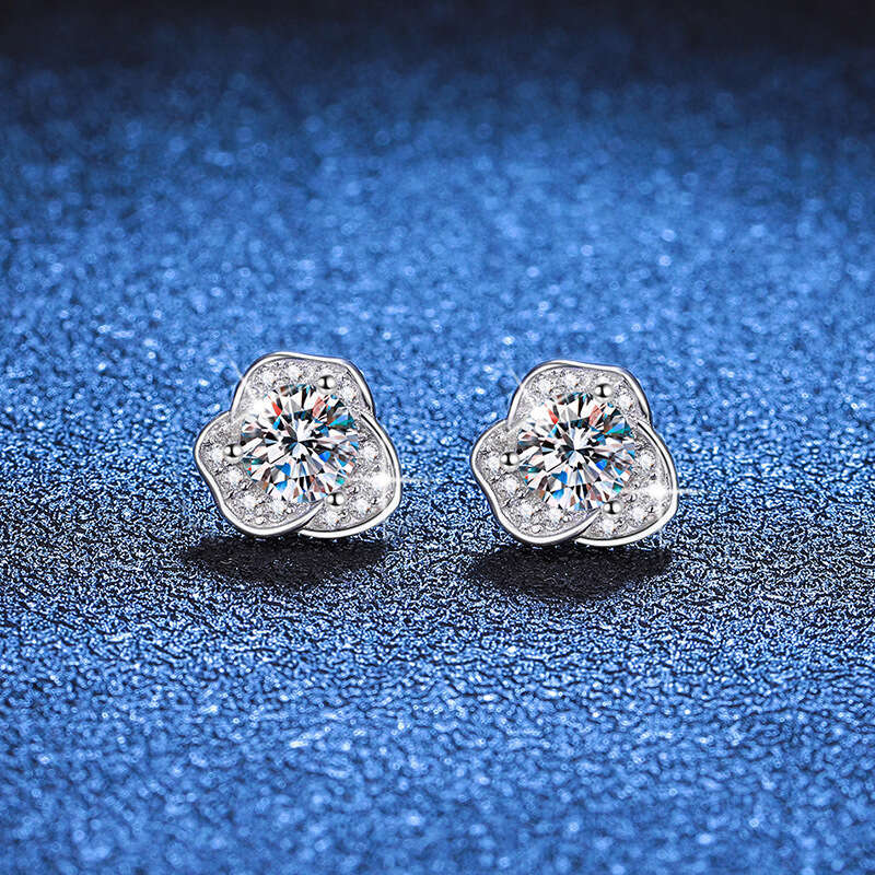 S Pure Sier for Women, Light Korean Style Camellia Earrings, D Color 1 Carat Moissanite Earrings 951