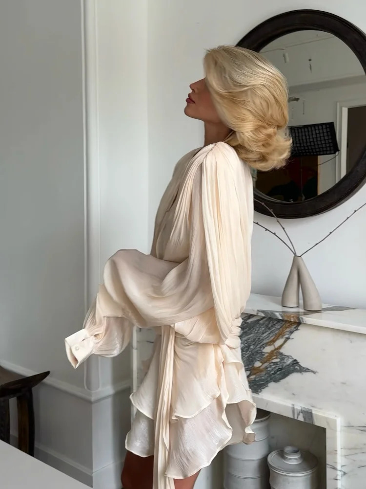 Sexy Lace-up Lantern Sleeve Dresses Women 2025 Solid Pleated Mini Dress High Waist Party Gowns Nightclub Bodycon Female Outfits 250715