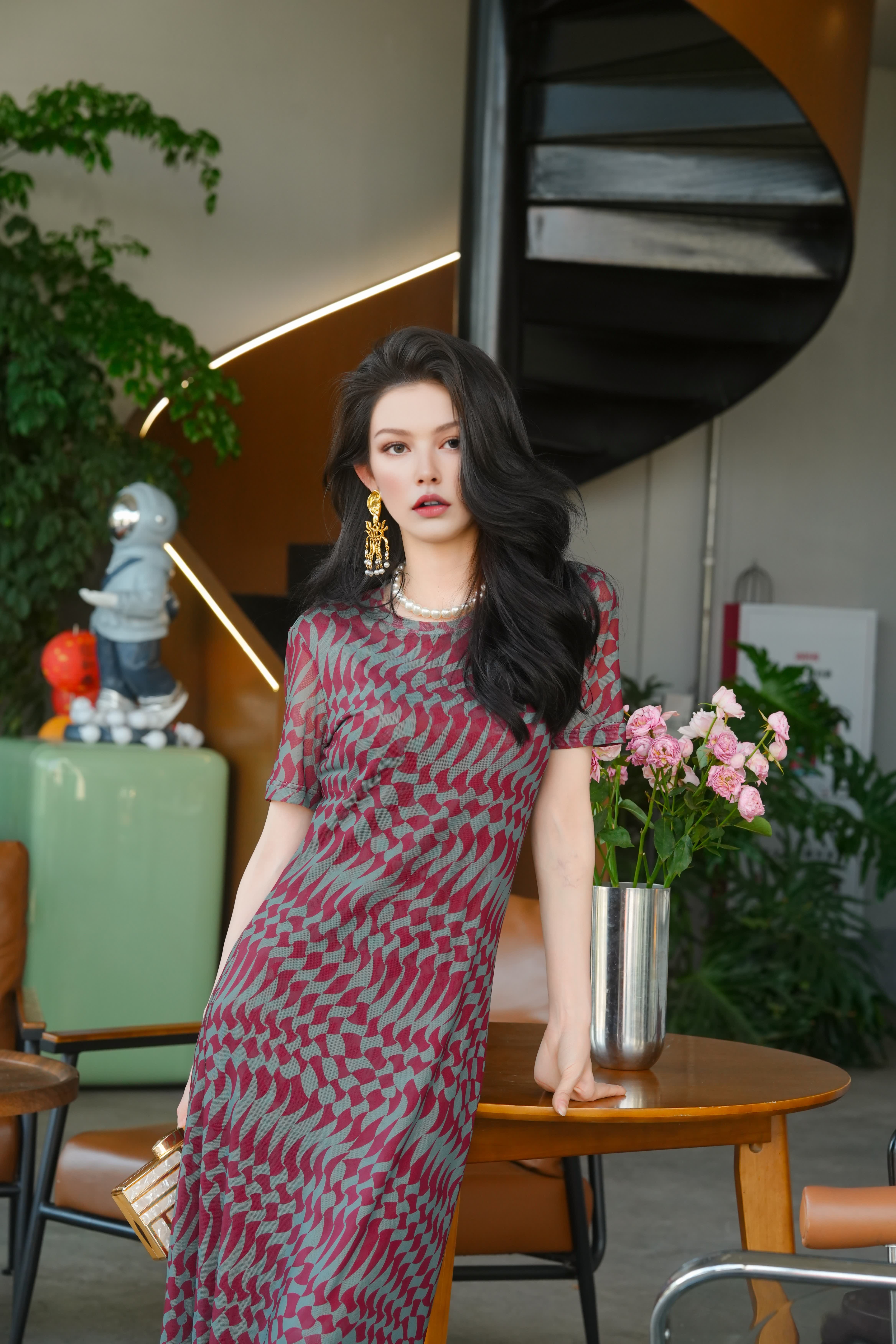 HZHJ original designer's red and green interwoven side slit dress French slimming high-end new for party,birthday,daily,festival,be gift for mom 