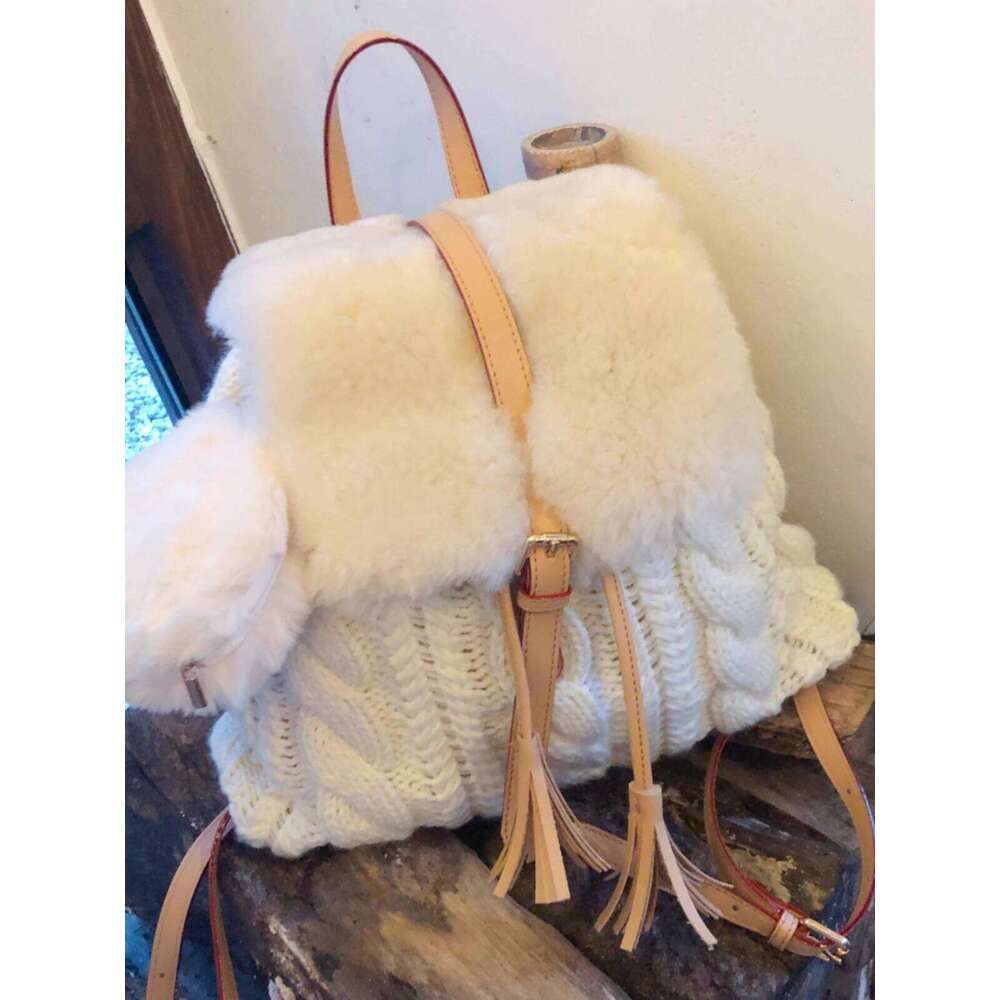 Wool For Women Autumn Winter New Tassel Drawstring Small Backpack Knitted Yarn Fluffy School Bag