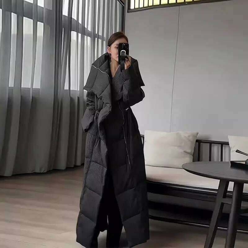 Winter Big Turn Collar Long Drawstring Striped Thick Knee Length Overcoat Warm White Duck Down Jacket Women MDNG
