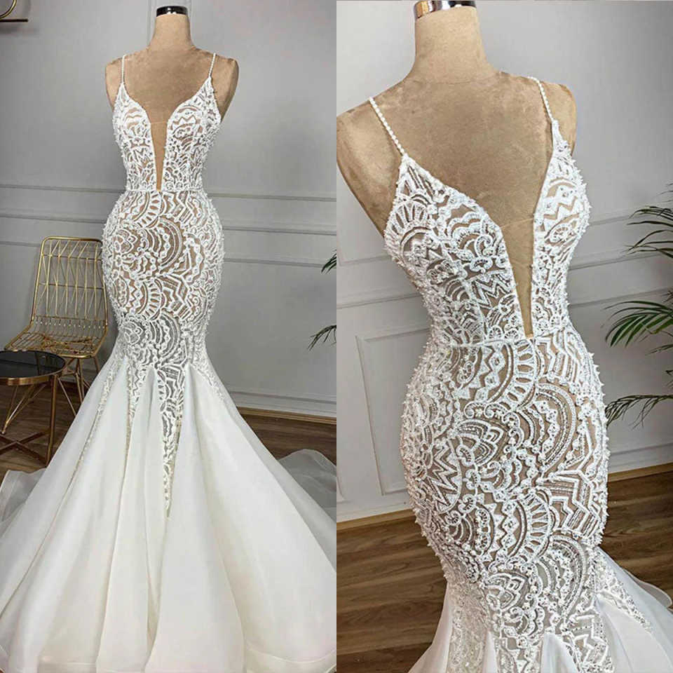 Arabic Dubai Lace Mermaid Wedding Dresses Beads Spaghetti Straps Vintage Bridal Gowns Sexy Illusion Customized Bride Robes