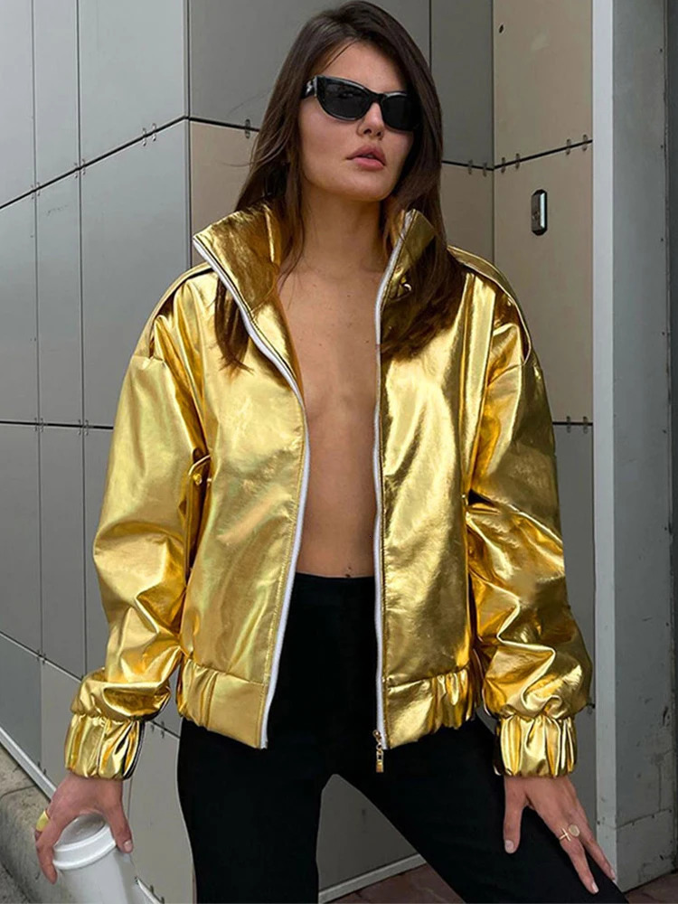 Glossy Jackets Women Casual Loose Lapel Zipper Fashion Coats Female Autumn Winter Long Sleeves Solid Street Outwears Lady 250715