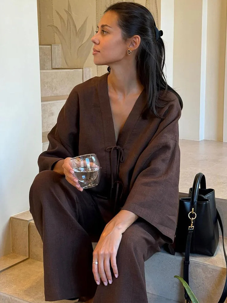 Womens Cotton Pants Suit Set Casual Chic Lace Up V Neck Long Sleeve Top High Waist Trousers 2025 Summer Streetwear Outfit Lady 250715